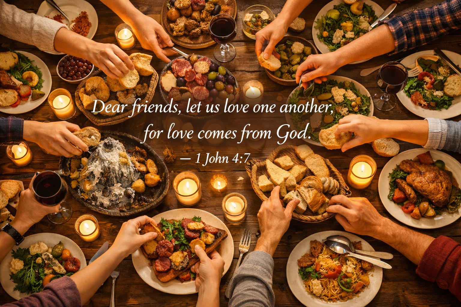 Bible verse wallpaper 1 John 4:7 with family dinner table from above showing many hands sharing food by candlelight